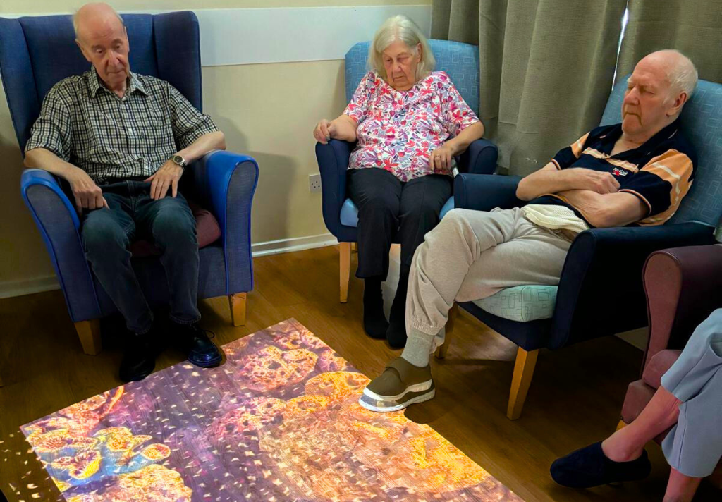 A group of elderly individuals seated in chairs on a floor, engaged care home activities for bedbound residents and enjoying each other's company.
