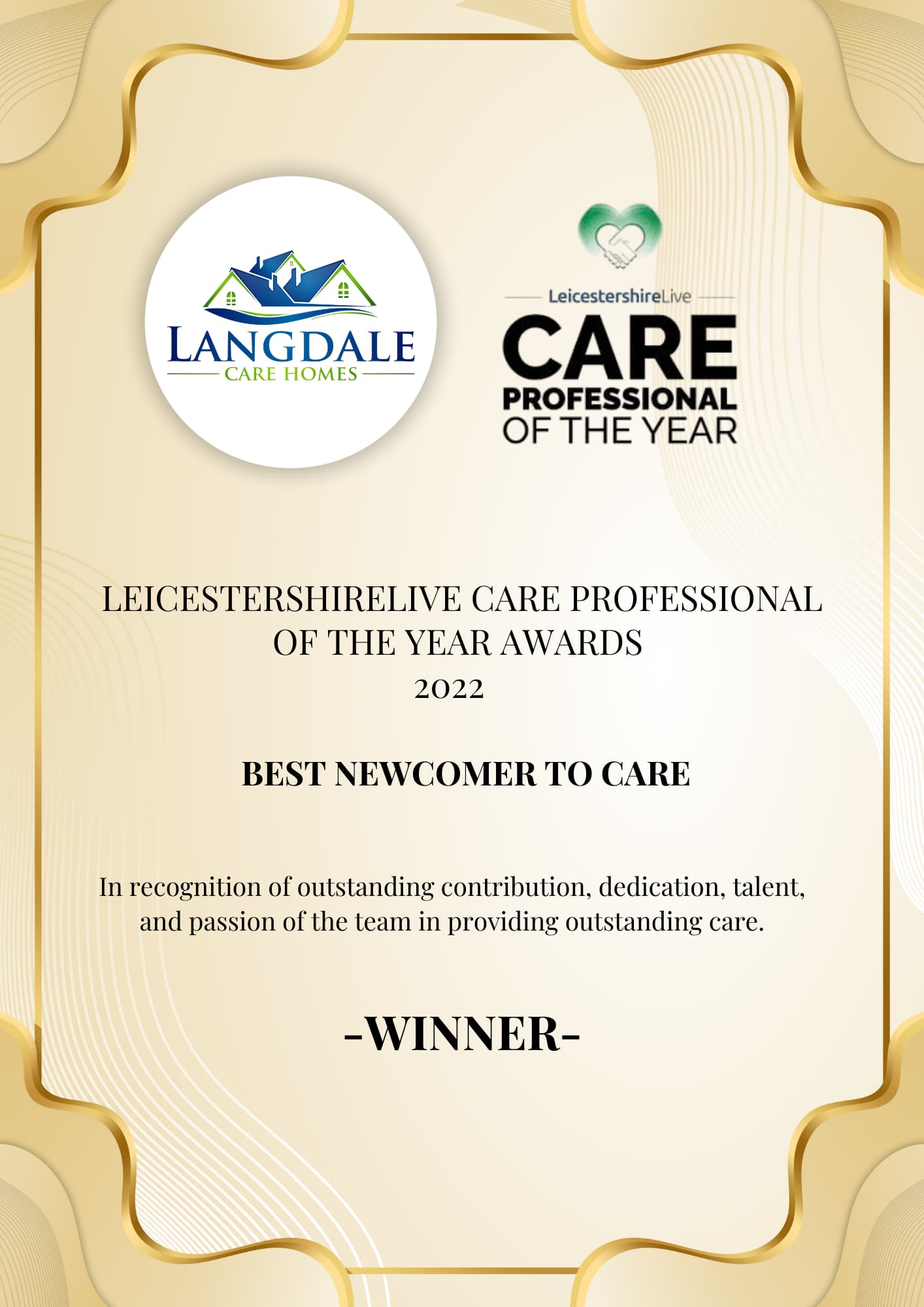 Award certificate presented to Langdale Care Homes, titled "LeicestershireLive Care Professional of the Year Awards 2022," recognizing them as the Best Newcomer to Care, with decorative gold border and logos at the top