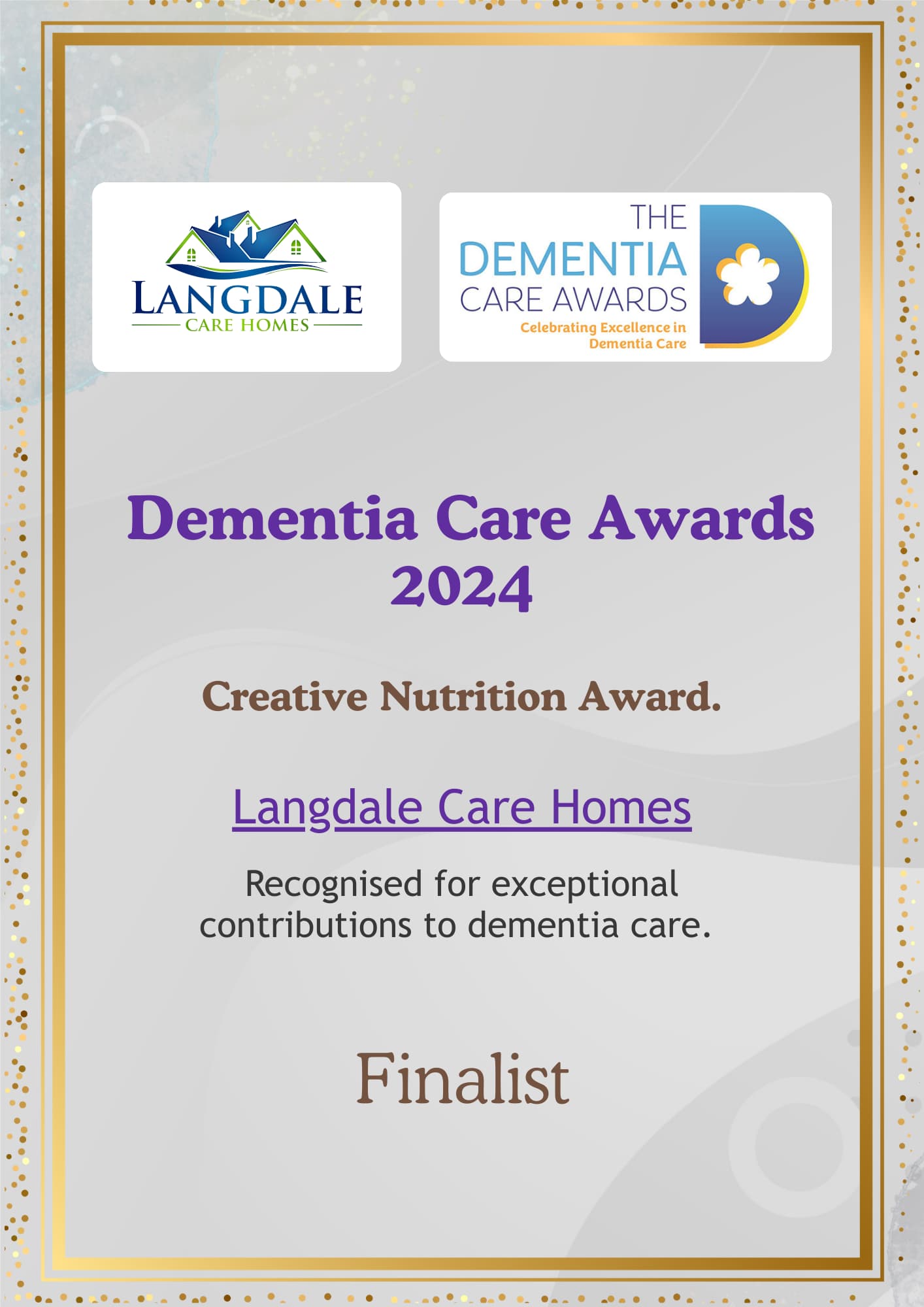ward certificate presented to Langdale Care Homes, titled "Dementia Care Awards 2024," recognising them as a finalist in the Creative Nutrition Award category, with decorative gold border, soft patterned background, and logos at the top.