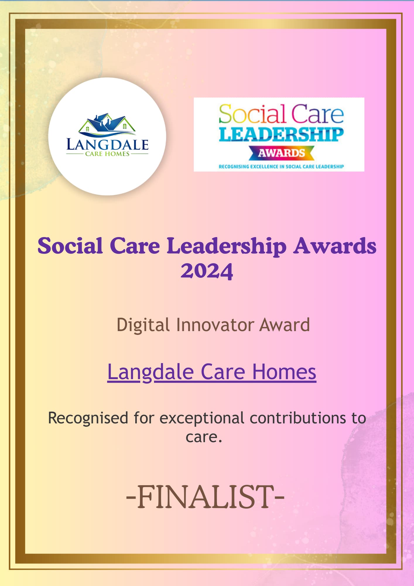 Langdale Care Homes announced as Digital Innovator Finalist at the Social Care Leadership Awards 2024