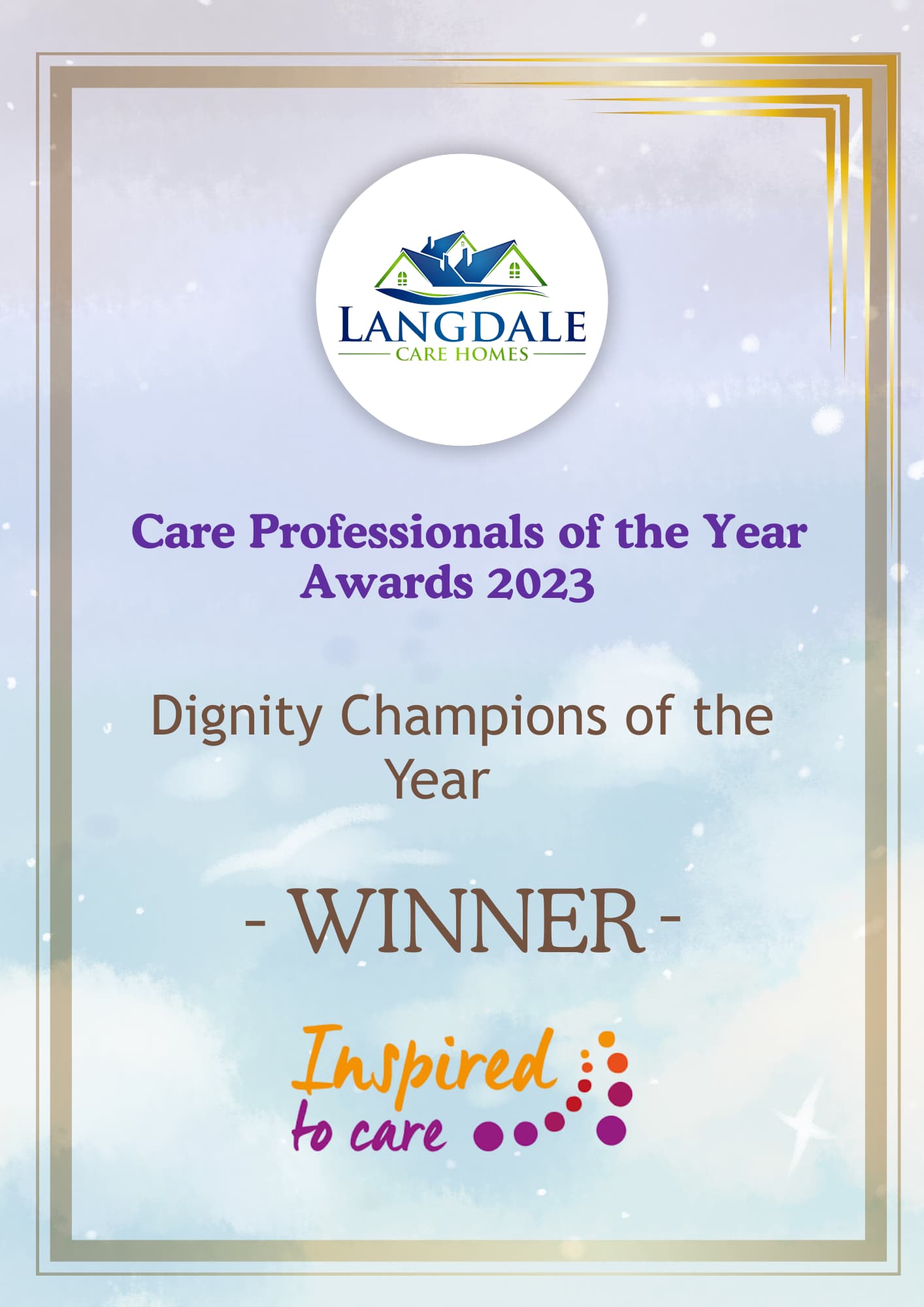Award certificate presented to Langdale Care Homes, titled "Care Professionals of the Year Awards 2023," recognising them as Dignity Champions of the Year, with decorative gold border, circular logo at the top, and "Inspired to care" branding at the bottom.