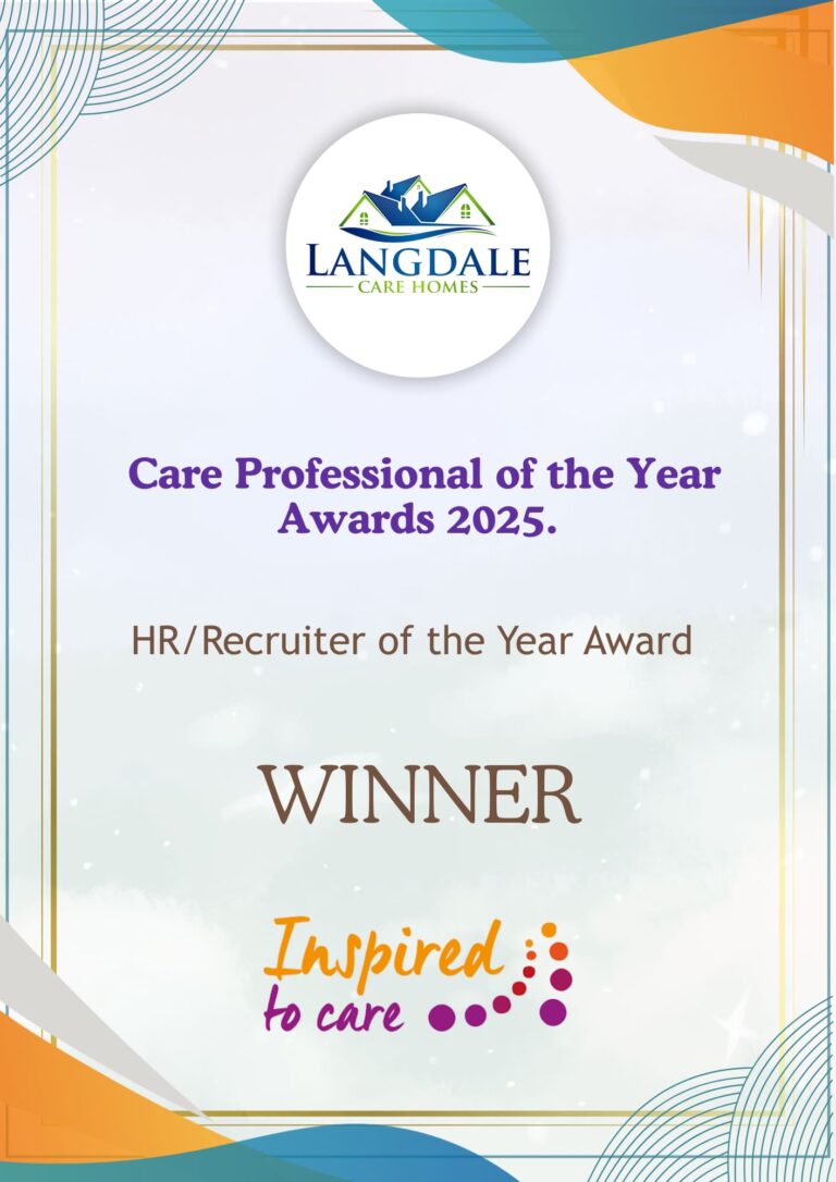 Award certificate presented to Langdale Care Homes, titled "Care Professional of the Year Awards 2025," recognising them as HR/Recruiter of the Year, with colourful abstract shapes, clean professional layout, and "Inspired to care" branding at the bottom.