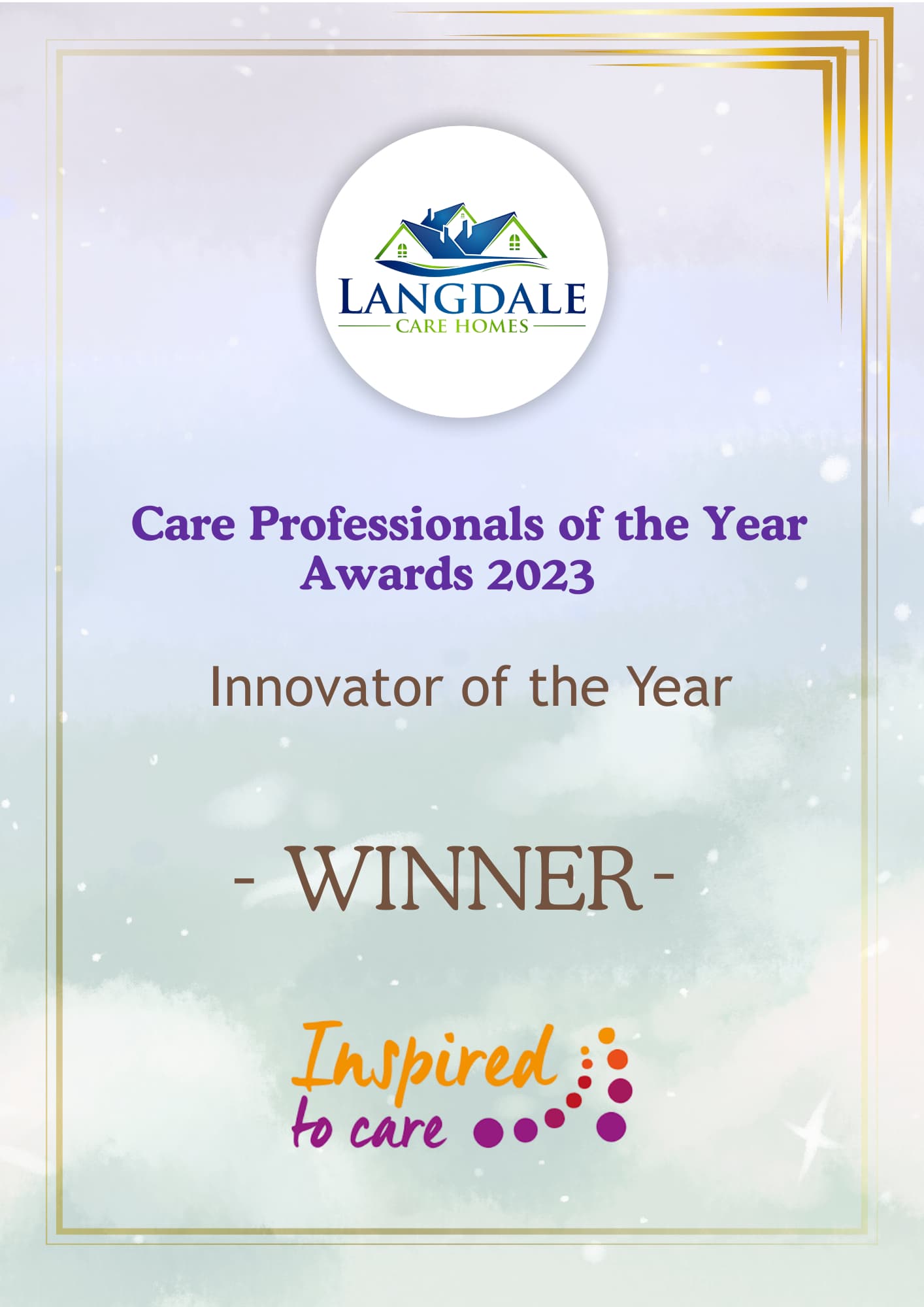 Langdale Care Homes Innovator Award winner at the Care Professionals Awards 2023