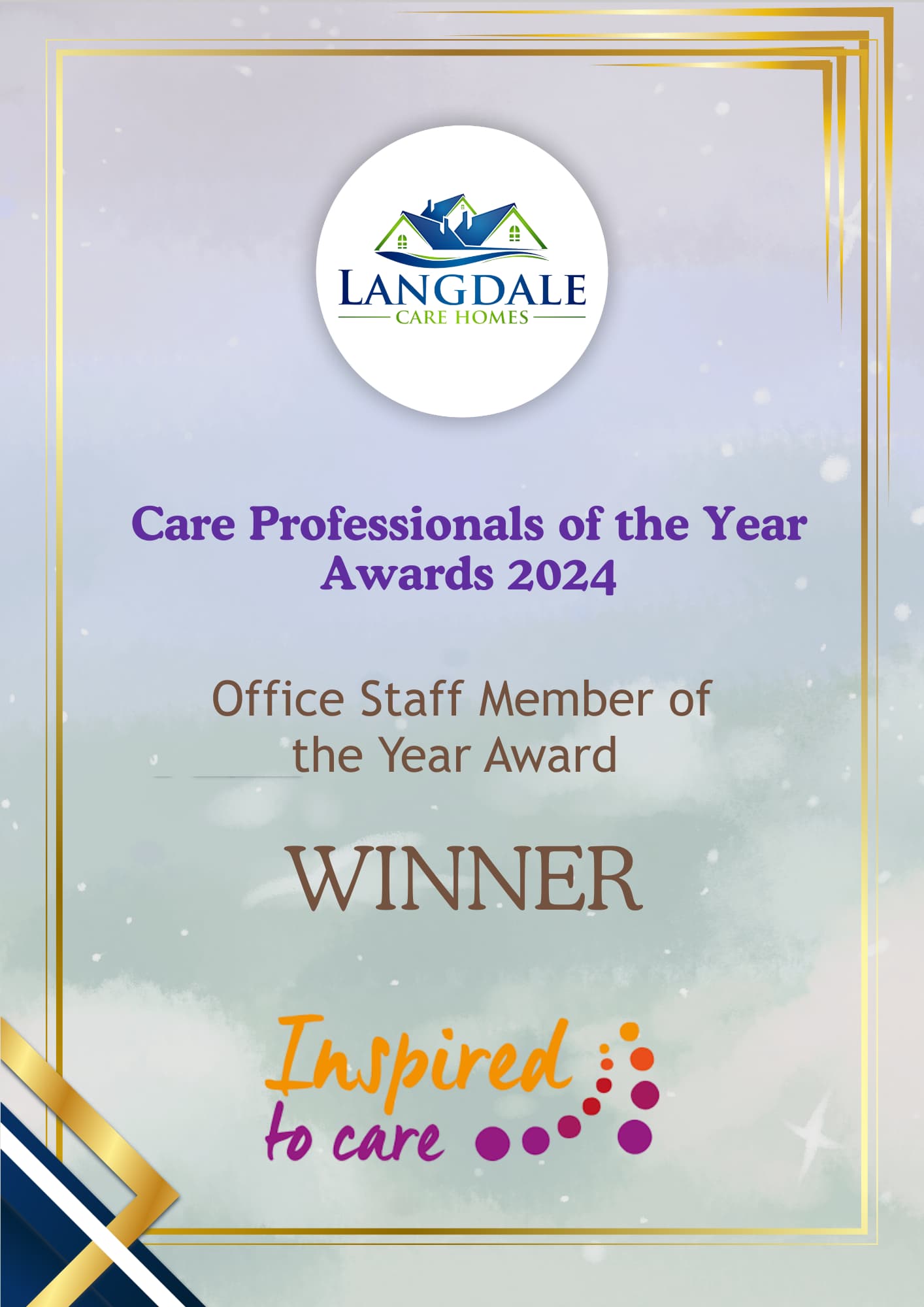Award certificate presented to Langdale Care Homes, titled "Care Professionals of the Year Awards 2024," recognising them as Office Staff Member of the Year, with decorative gold border, pastel background, and "Inspired to care" branding at the bottom.