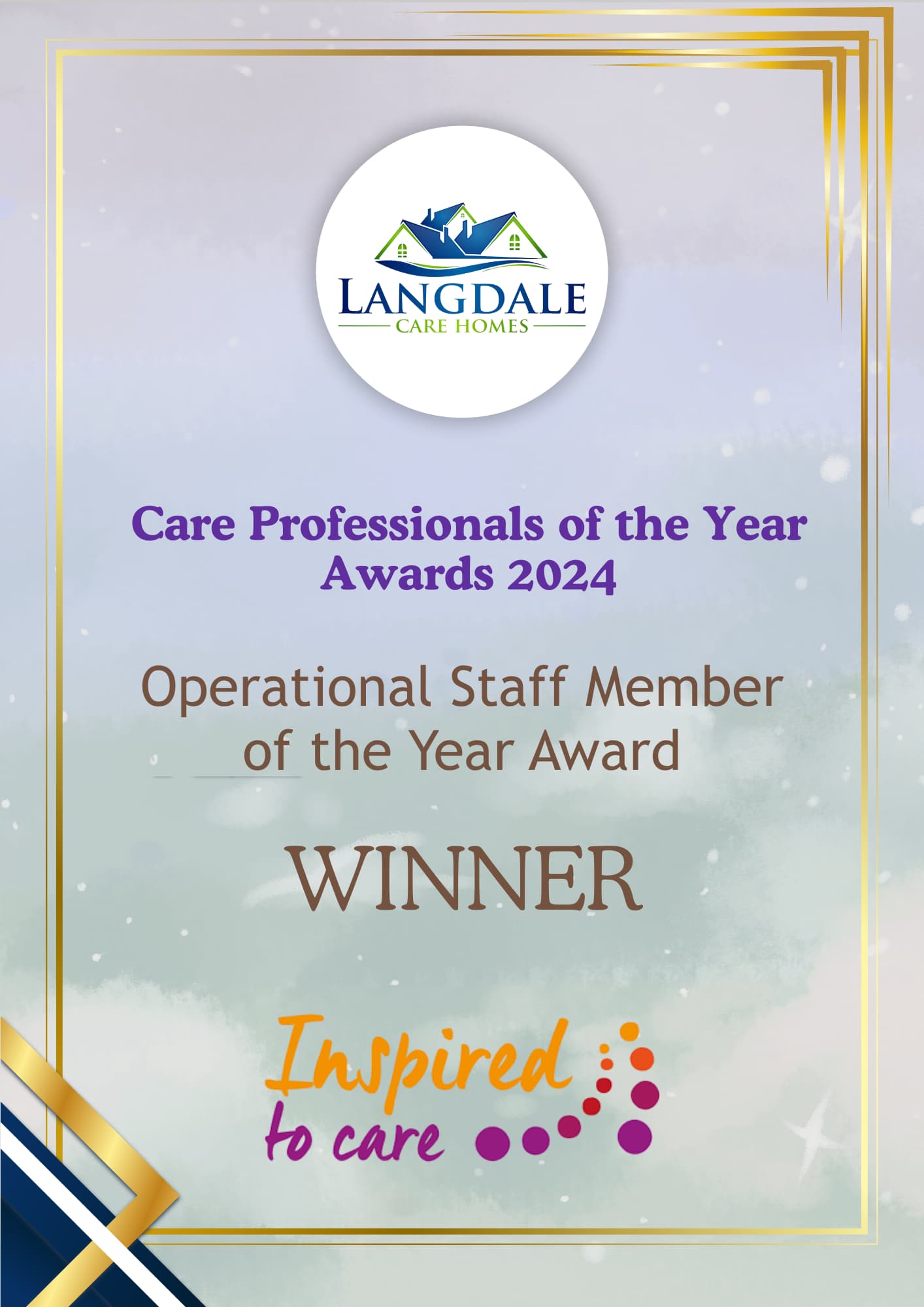 Award certificate presented to Langdale Care Homes, titled "Care Professionals of the Year Awards 2024," recognising them as Operational Staff Member of the Year, with pastel background, decorative gold border, and "Inspired to care" branding at the bottom.